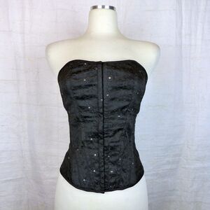 VTG Y2K Charlotte Russe Corset Top Size M Black Satin Floral Sequin Goth Lace Up